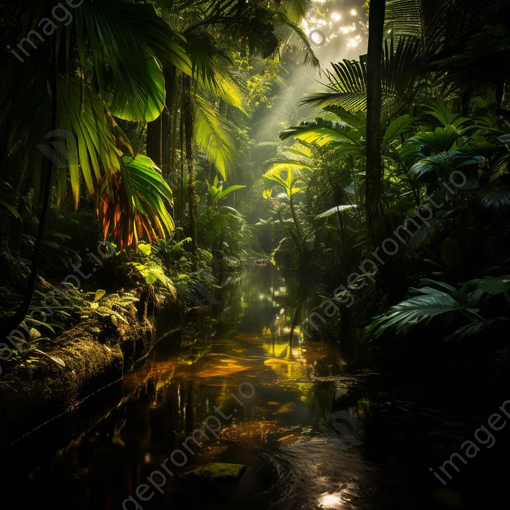 Sunlit jungle oasis with towering palms and reflective stream - Image 4