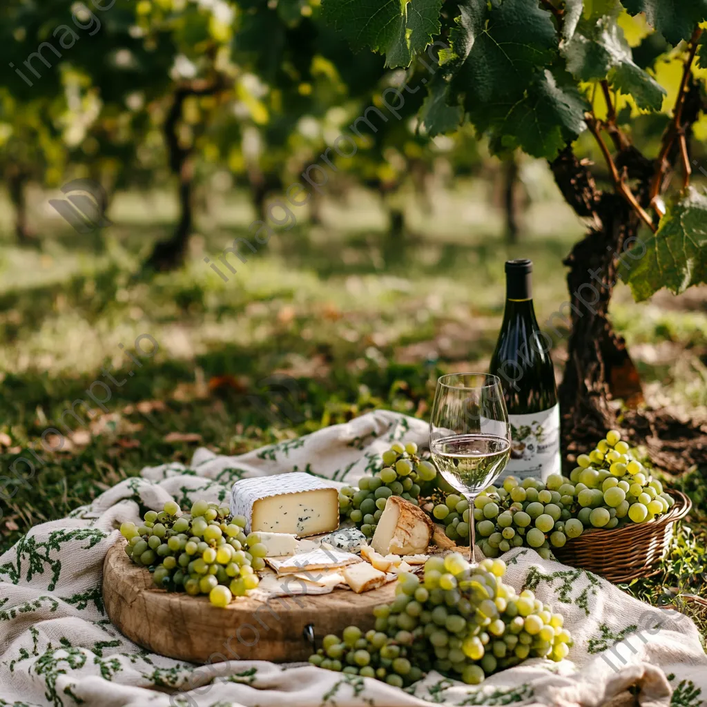 Cozy vineyard picnic with wine, cheese, and grapes. - Image 1