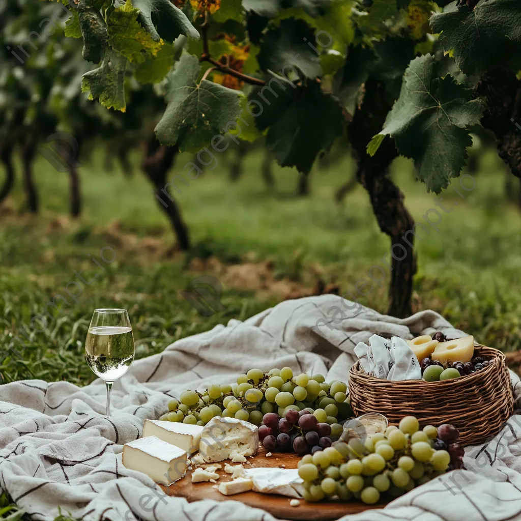 Cozy vineyard picnic with wine, cheese, and grapes. - Image 4