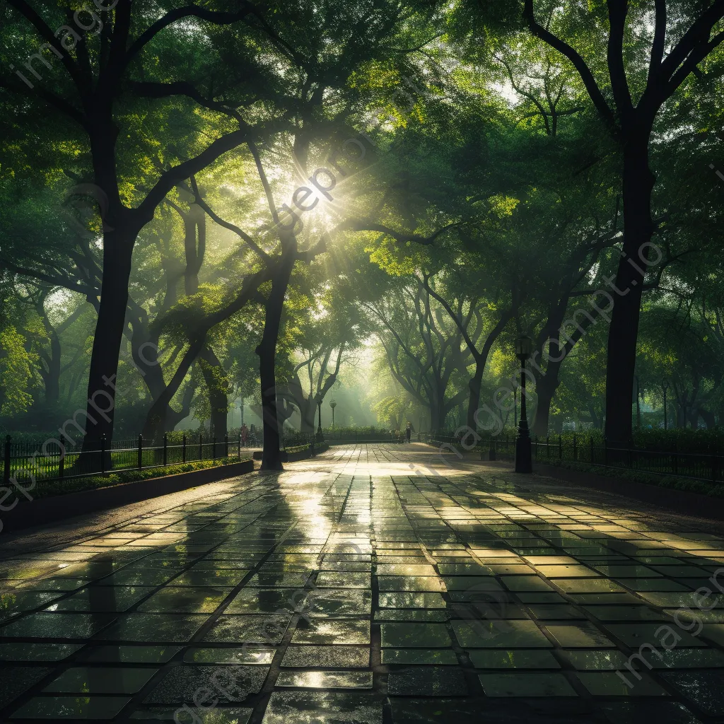 Park with luminous digital grids on pathways under sunlight, captured with an Olympus OM-D E-M1X. - Image 2