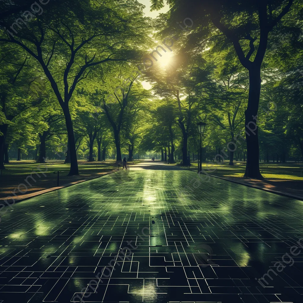 Park with luminous digital grids on pathways under sunlight, captured with an Olympus OM-D E-M1X. - Image 3