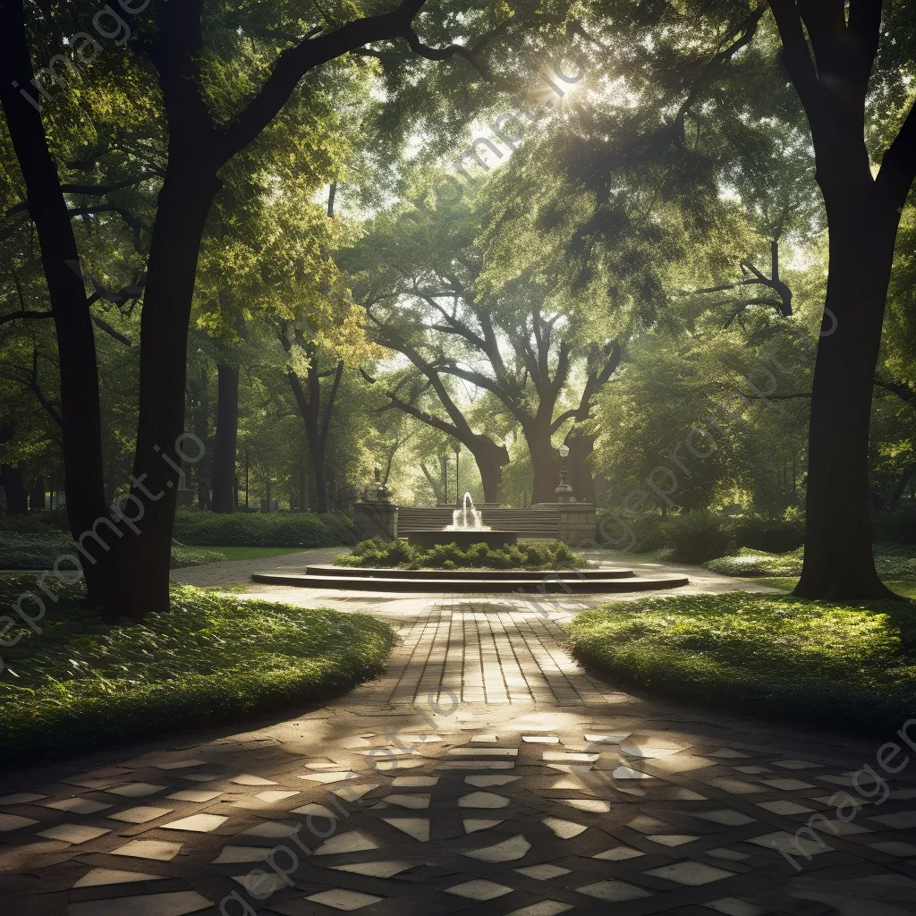 Park with luminous digital grids on pathways under sunlight, captured with an Olympus OM-D E-M1X. - Image 4