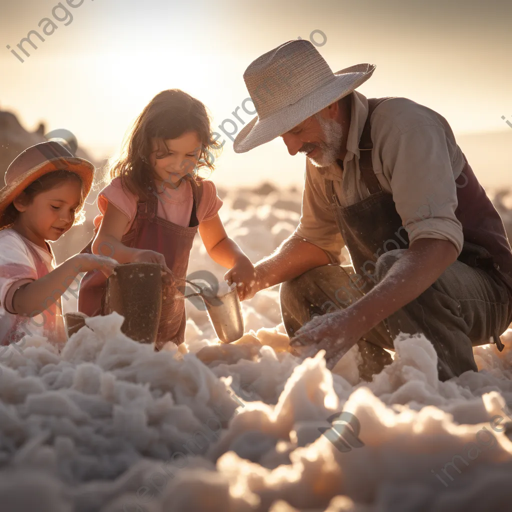 Family engaged in traditional salt harvesting process - Image 2