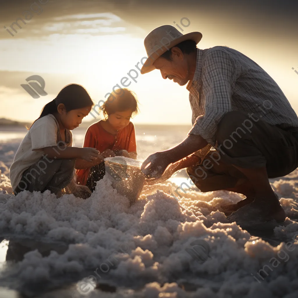 Family engaged in traditional salt harvesting process - Image 3