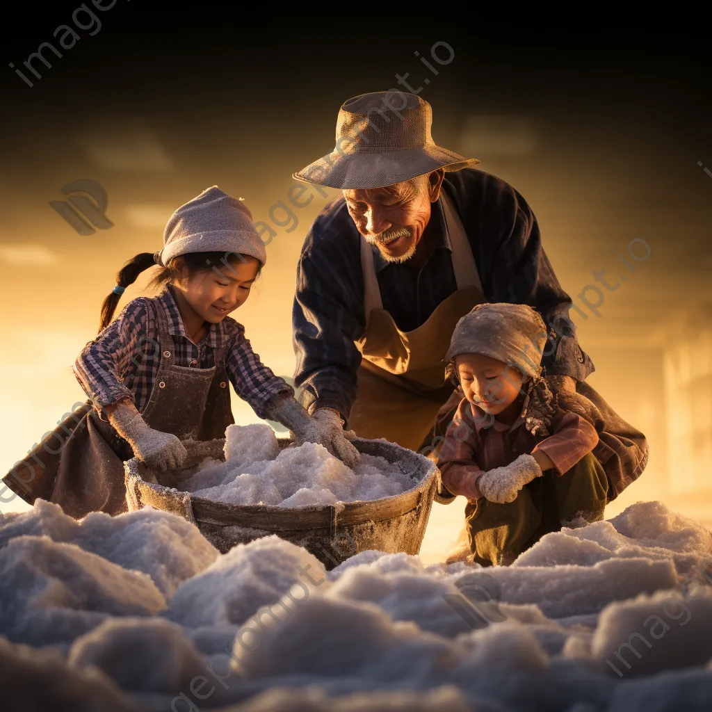 Family engaged in traditional salt harvesting process - Image 4