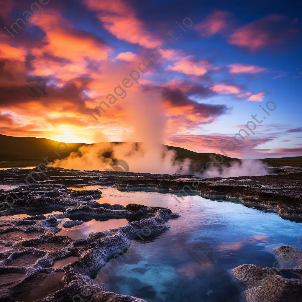 Geothermal landscape at sunrise with colorful steam and sky. - Image 1