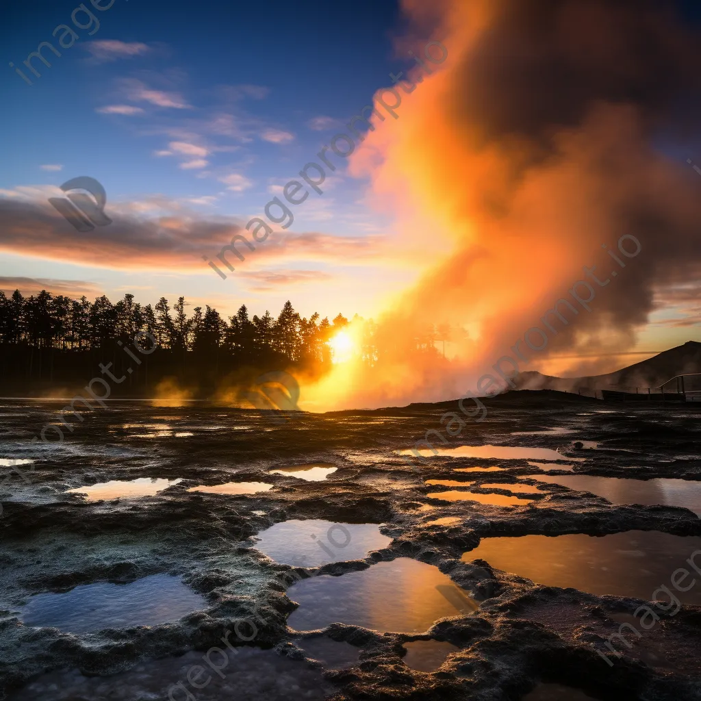 Geothermal landscape at sunrise with colorful steam and sky. - Image 3