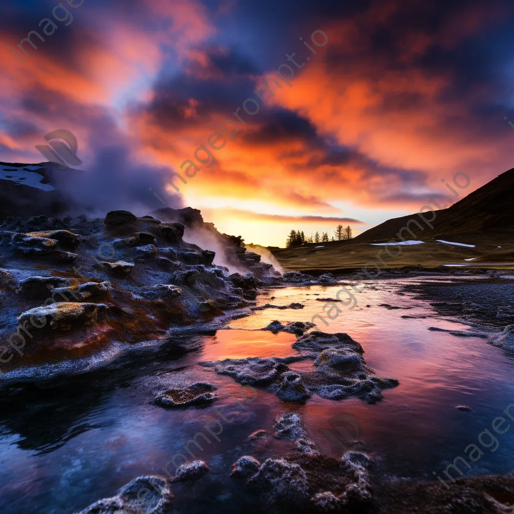 Geothermal landscape at sunrise with colorful steam and sky. - Image 4