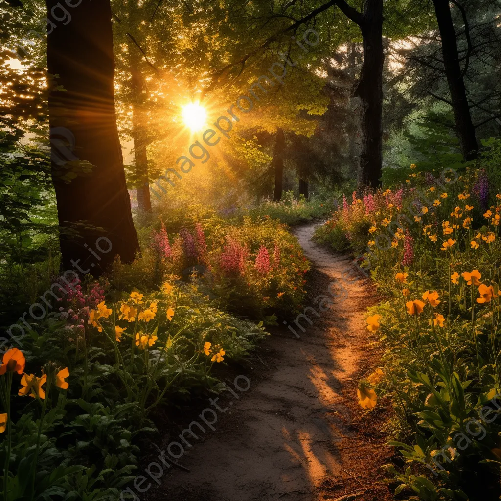 Woodland path lined with vibrant wildflowers during sunset - Image 1