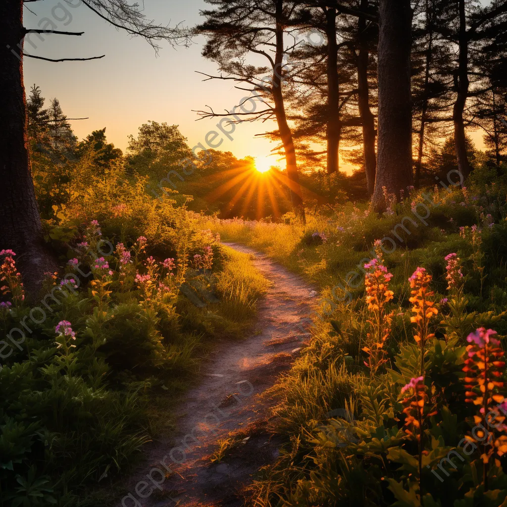 Woodland path lined with vibrant wildflowers during sunset - Image 2