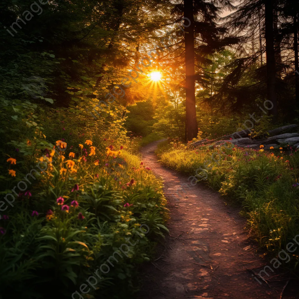 Woodland path lined with vibrant wildflowers during sunset - Image 3