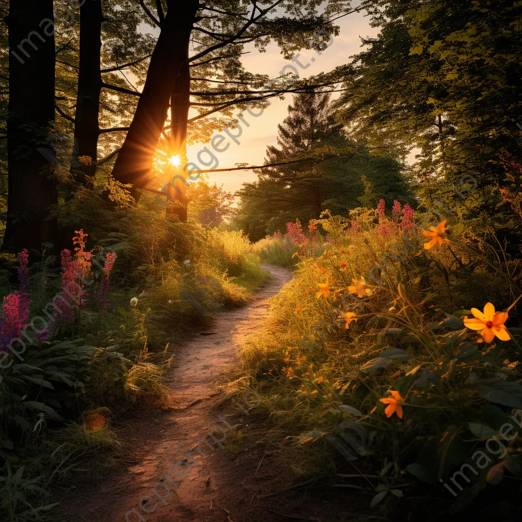 Woodland path lined with vibrant wildflowers during sunset - Image 4