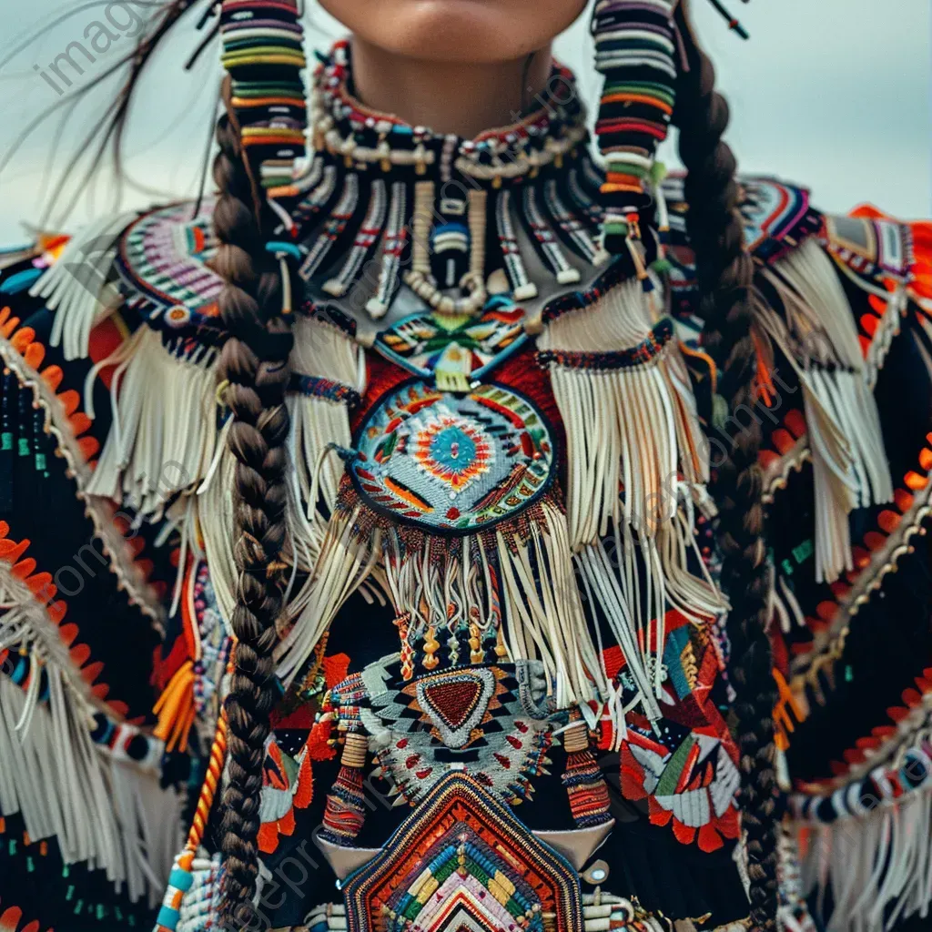 Dancer in Native American Navajo traditional attire with intricately woven textiles at a powwow in the desert. - Image 1