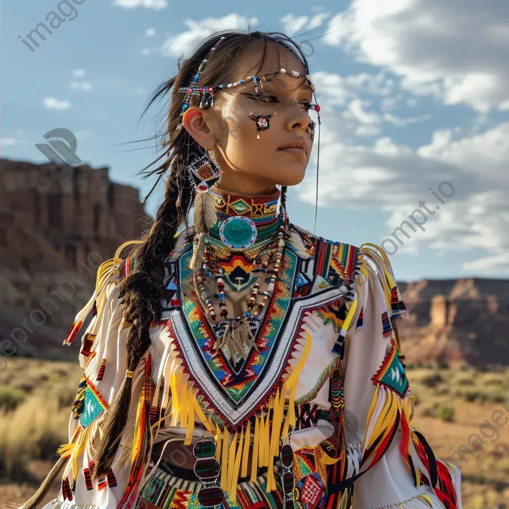 Dancer in Native American Navajo traditional attire with intricately woven textiles at a powwow in the desert. - Image 2