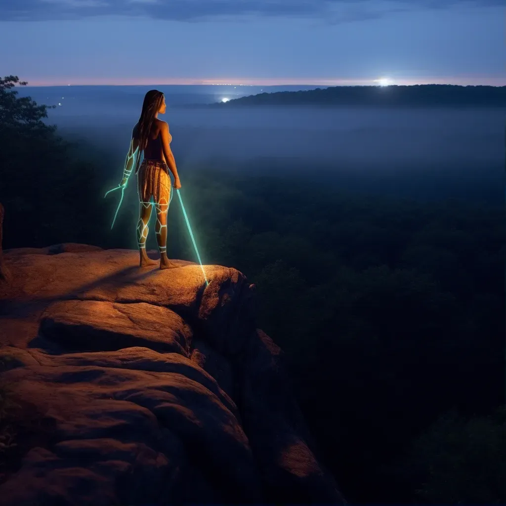 Illustration of Pocahontas overlooking vast forest under morning light - Image 1