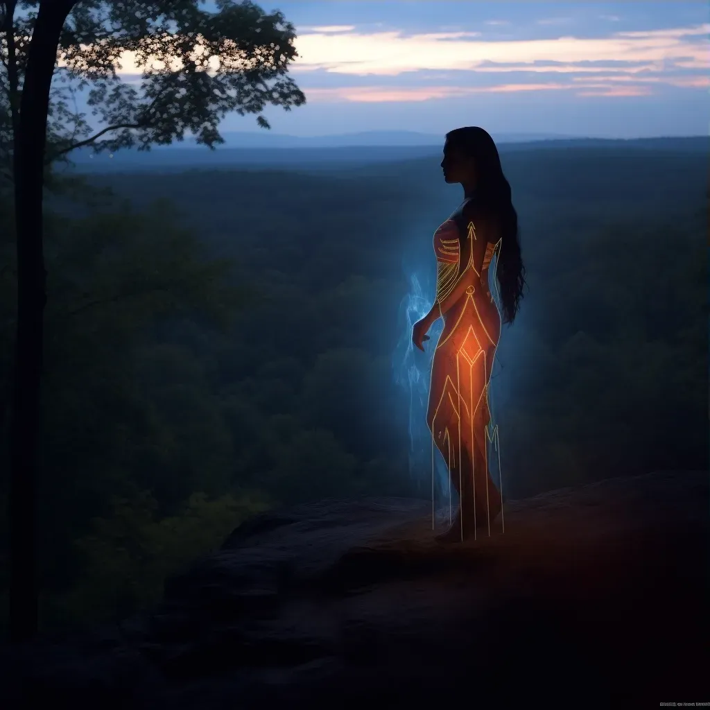 Illustration of Pocahontas overlooking vast forest under morning light - Image 3