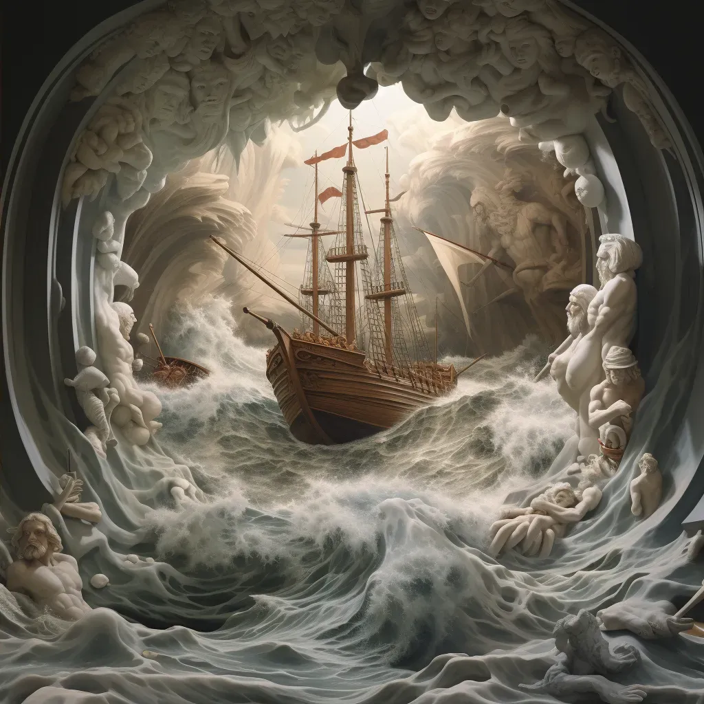 Image illustrating the epic journey of Odysseus navigating treacherous seas and mythical beings - Image 2