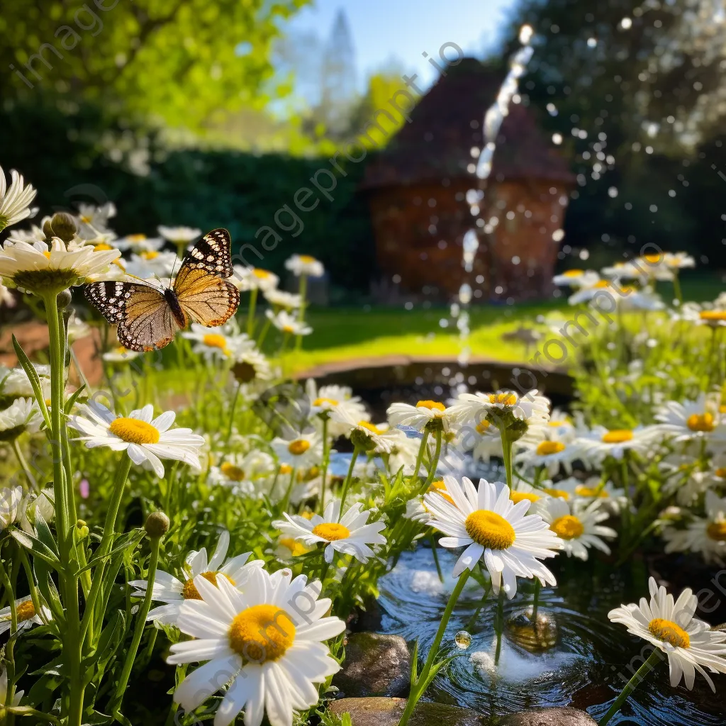 Garden fountain surrounded by blooming daisies and butterflies - Image 3