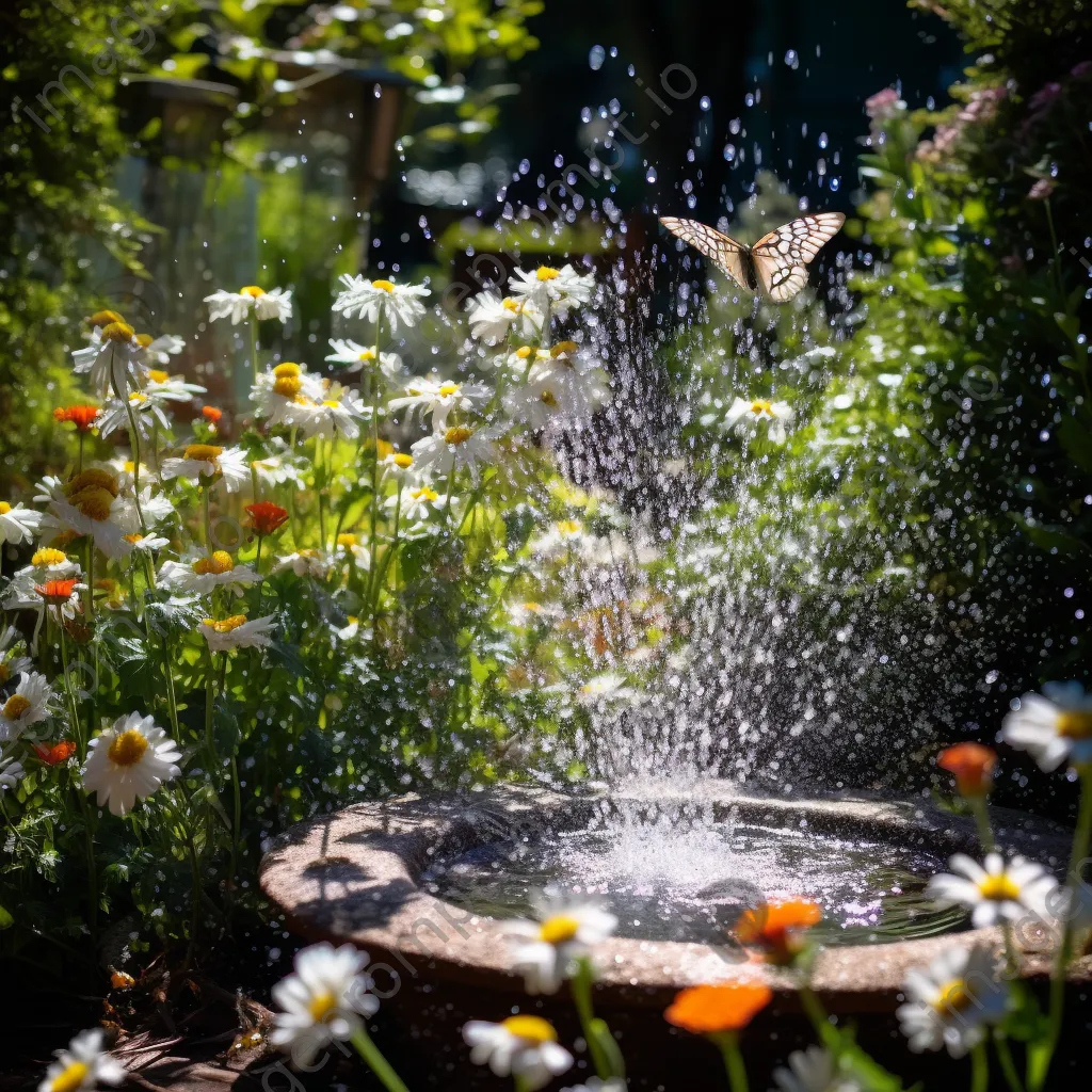 Garden fountain surrounded by blooming daisies and butterflies - Image 4