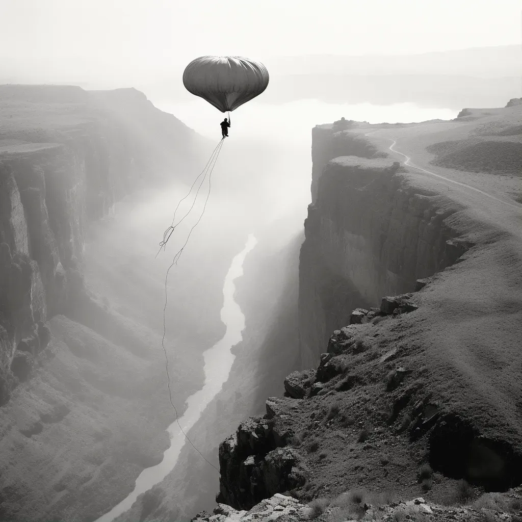 Person standing at edge of cliff with parachute strapped on - Image 1