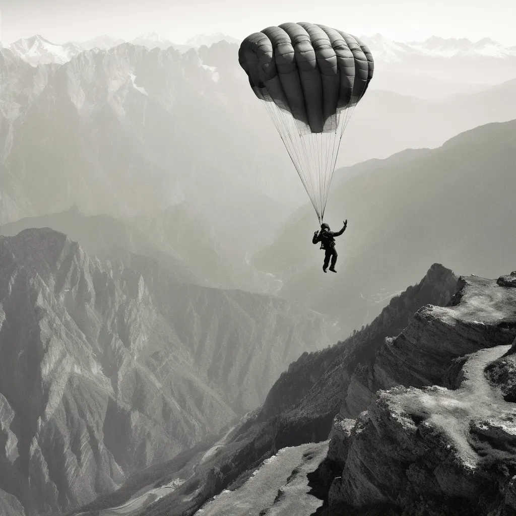 Person standing at edge of cliff with parachute strapped on - Image 2