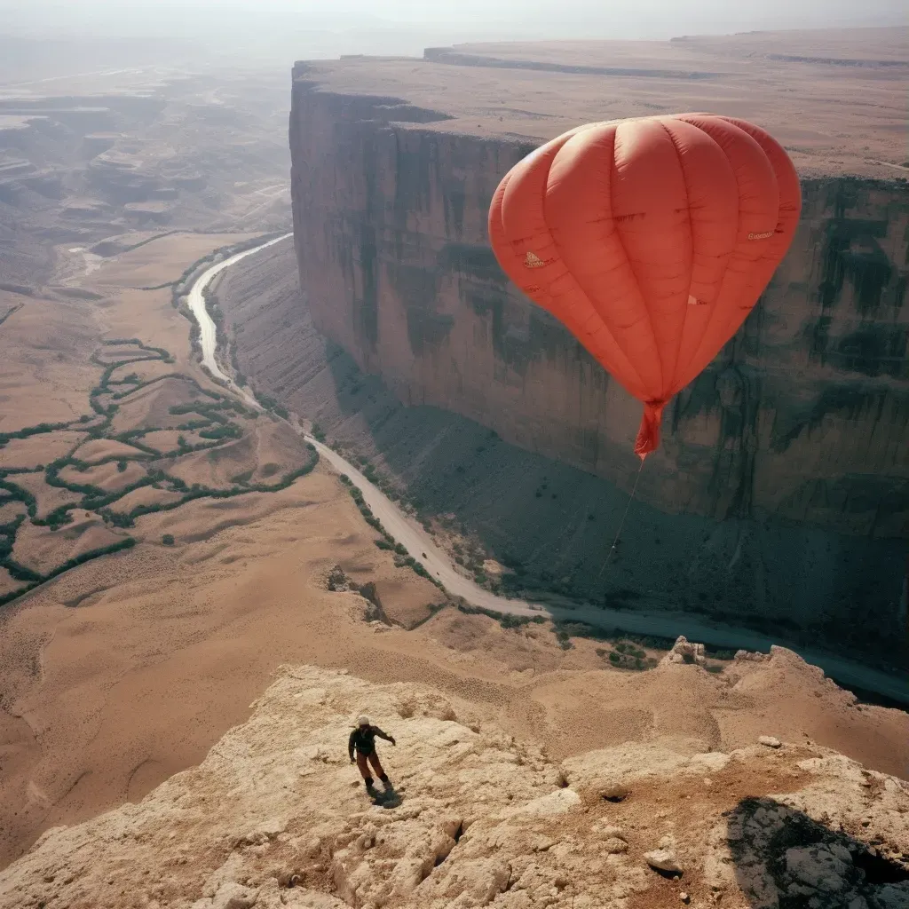 Person standing at edge of cliff with parachute strapped on - Image 3