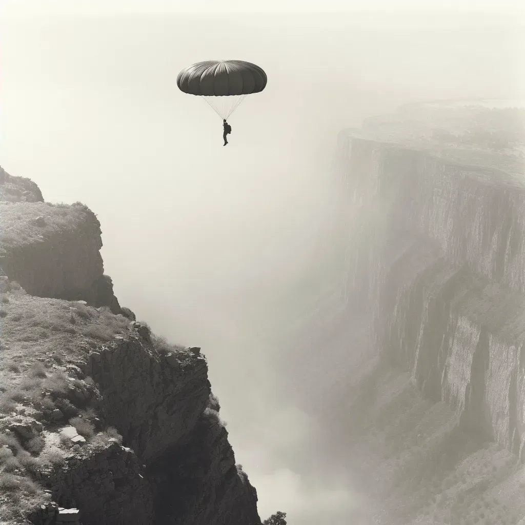 Person standing at edge of cliff with parachute strapped on - Image 4