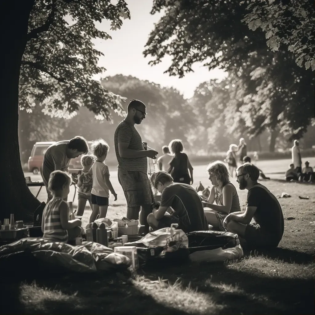 Local park scene with families picnicking and playing games - Image 1