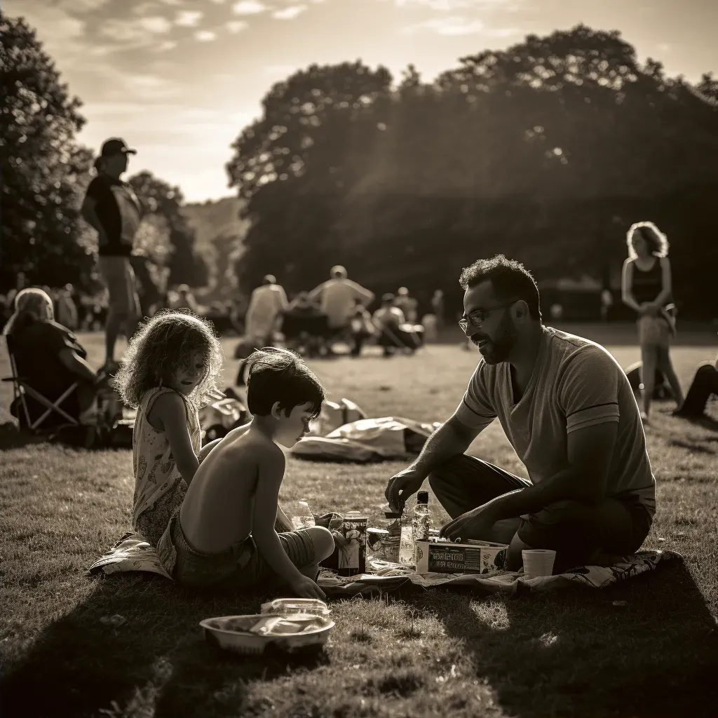 Local park scene with families picnicking and playing games - Image 2