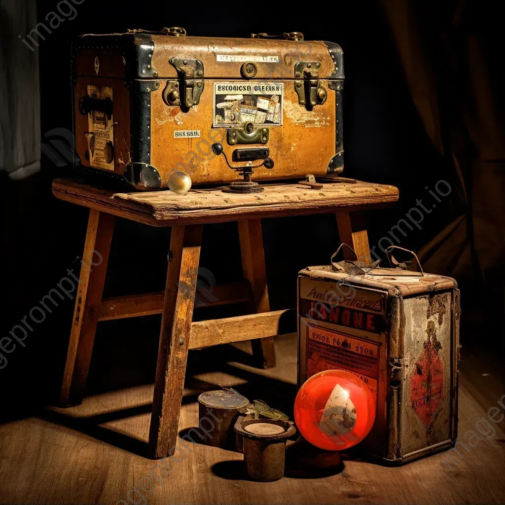 Ageing wooden trunk with travel stickers, vintage film projector on velvet stool - Image 1