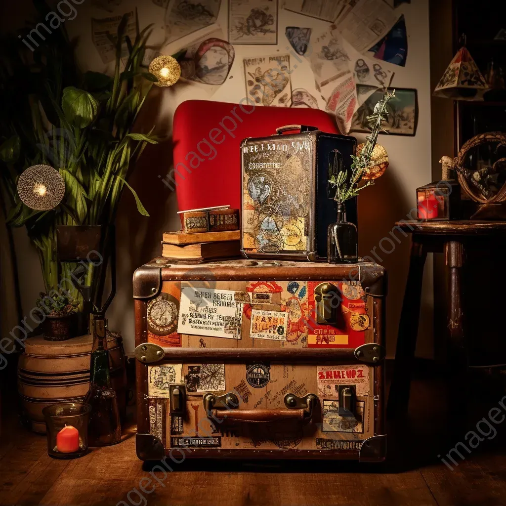 Ageing wooden trunk with travel stickers, vintage film projector on velvet stool - Image 2