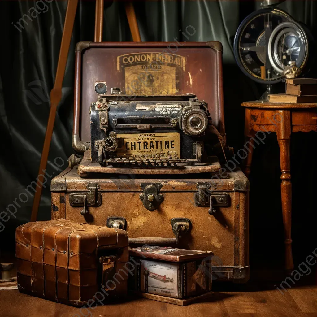 Ageing wooden trunk with travel stickers, vintage film projector on velvet stool - Image 3