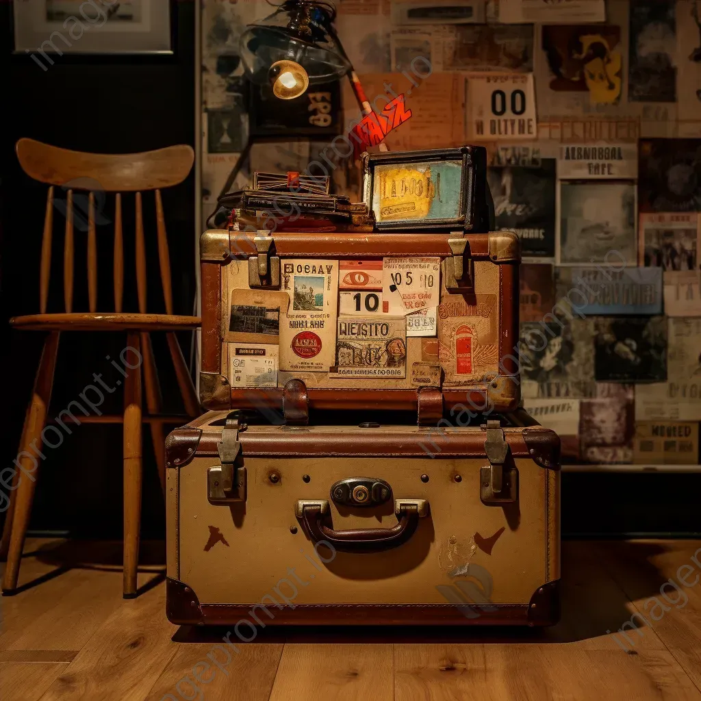 Ageing wooden trunk with travel stickers, vintage film projector on velvet stool - Image 4