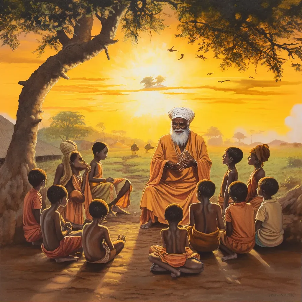 Wise elder teaching a group of eager children in a village under the setting sun - Image 1