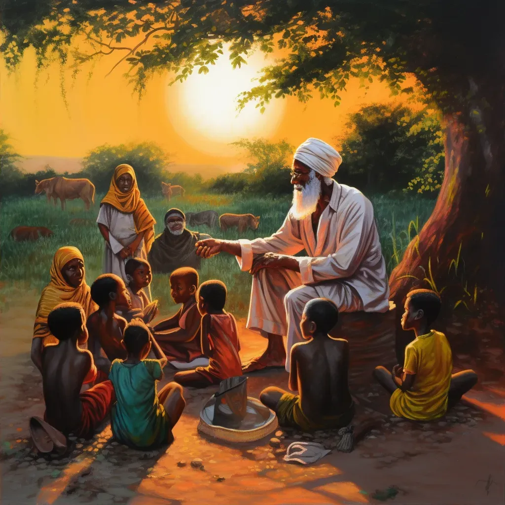 Wise elder teaching a group of eager children in a village under the setting sun - Image 2