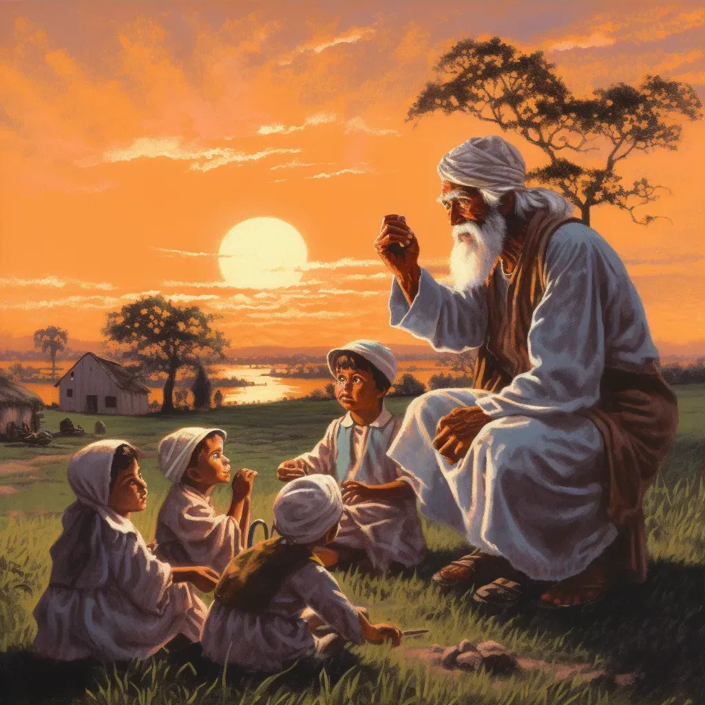 Wise elder teaching a group of eager children in a village under the setting sun - Image 3