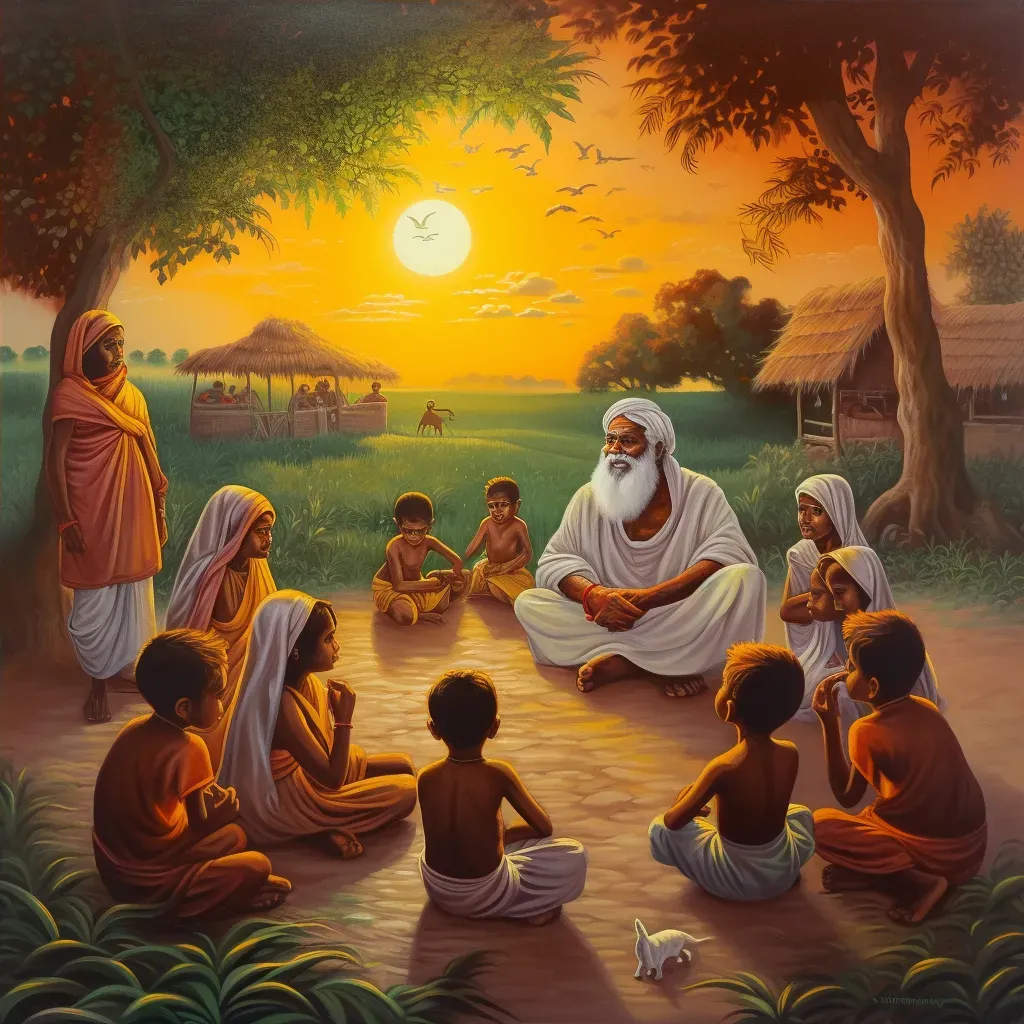 Wise elder teaching a group of eager children in a village under the setting sun - Image 4