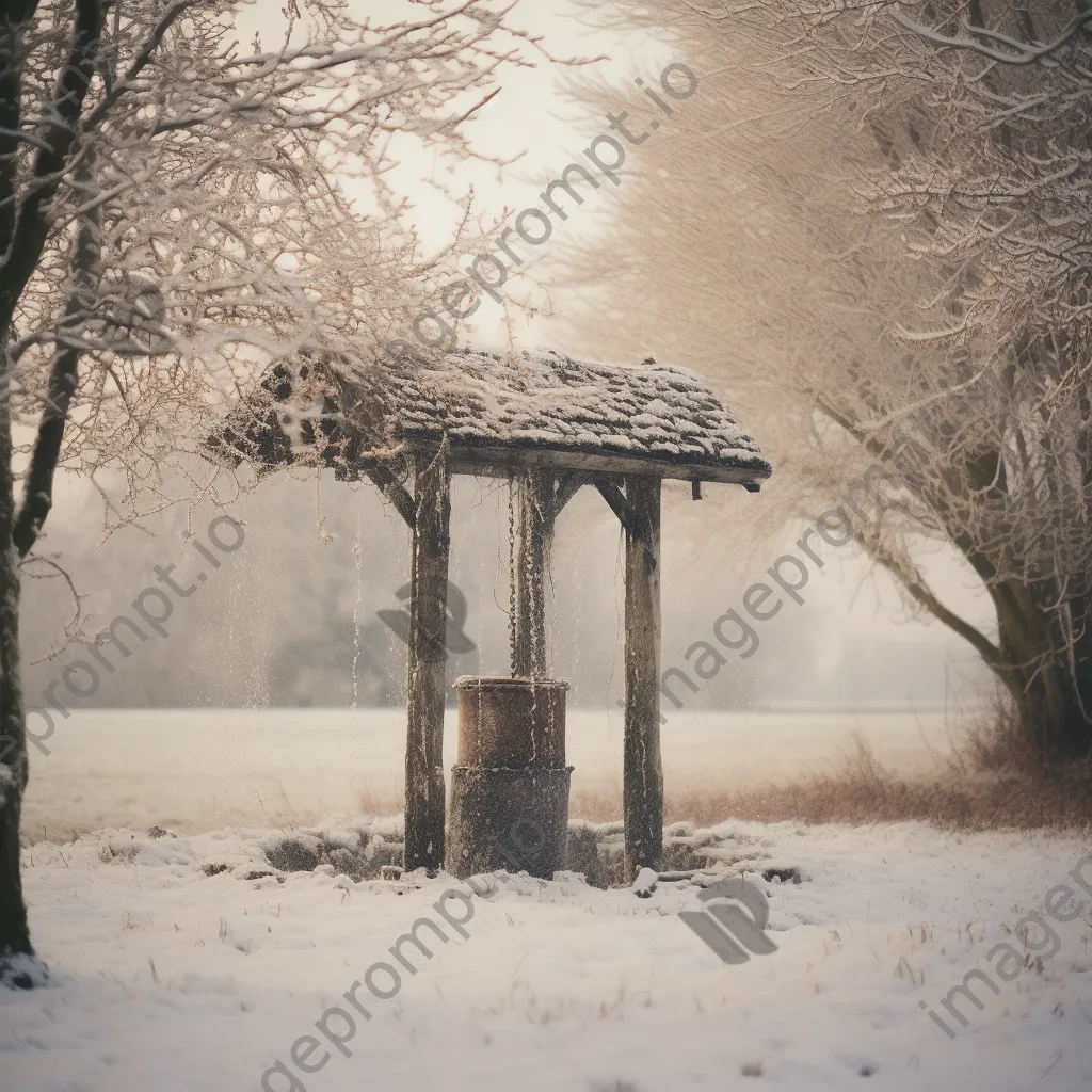 Traditional well amid snow-covered fields in winter - Image 1