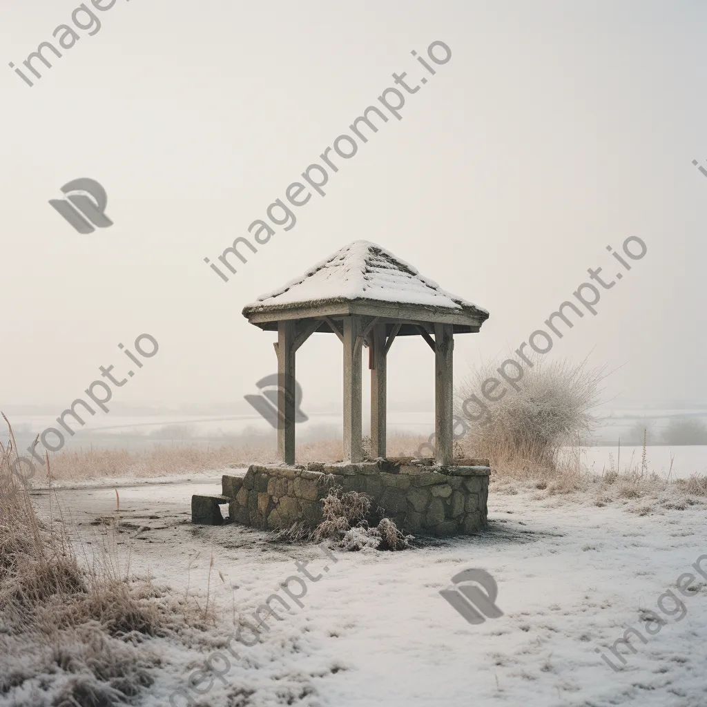 Traditional well amid snow-covered fields in winter - Image 2