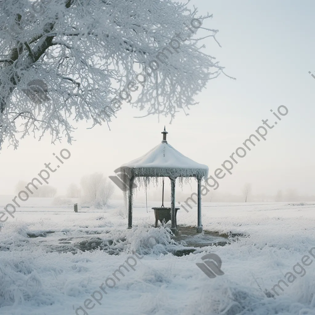 Traditional well amid snow-covered fields in winter - Image 3