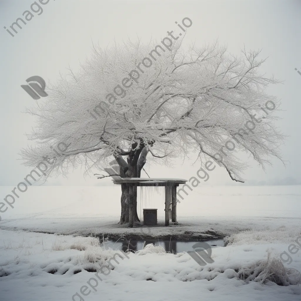 Traditional well amid snow-covered fields in winter - Image 4