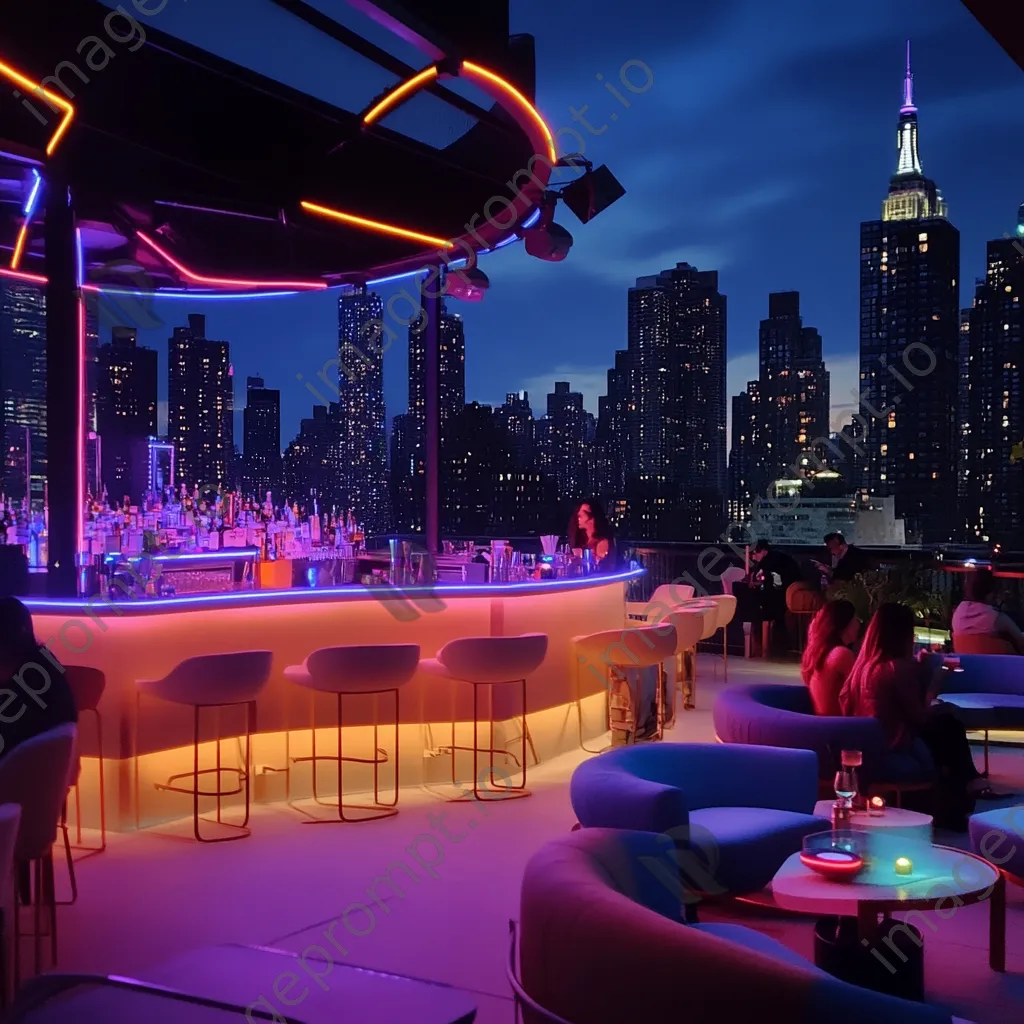 Stylish rooftop bar at night with neon accents - Image 1