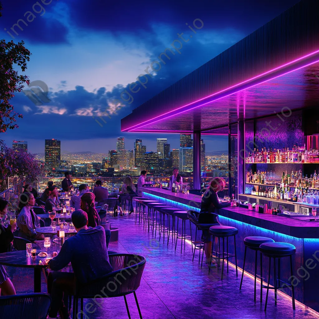 Stylish rooftop bar at night with neon accents - Image 2