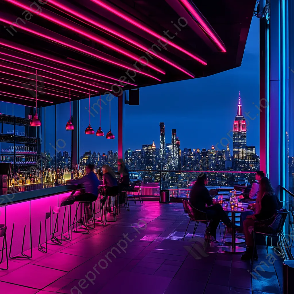 Stylish rooftop bar at night with neon accents - Image 3