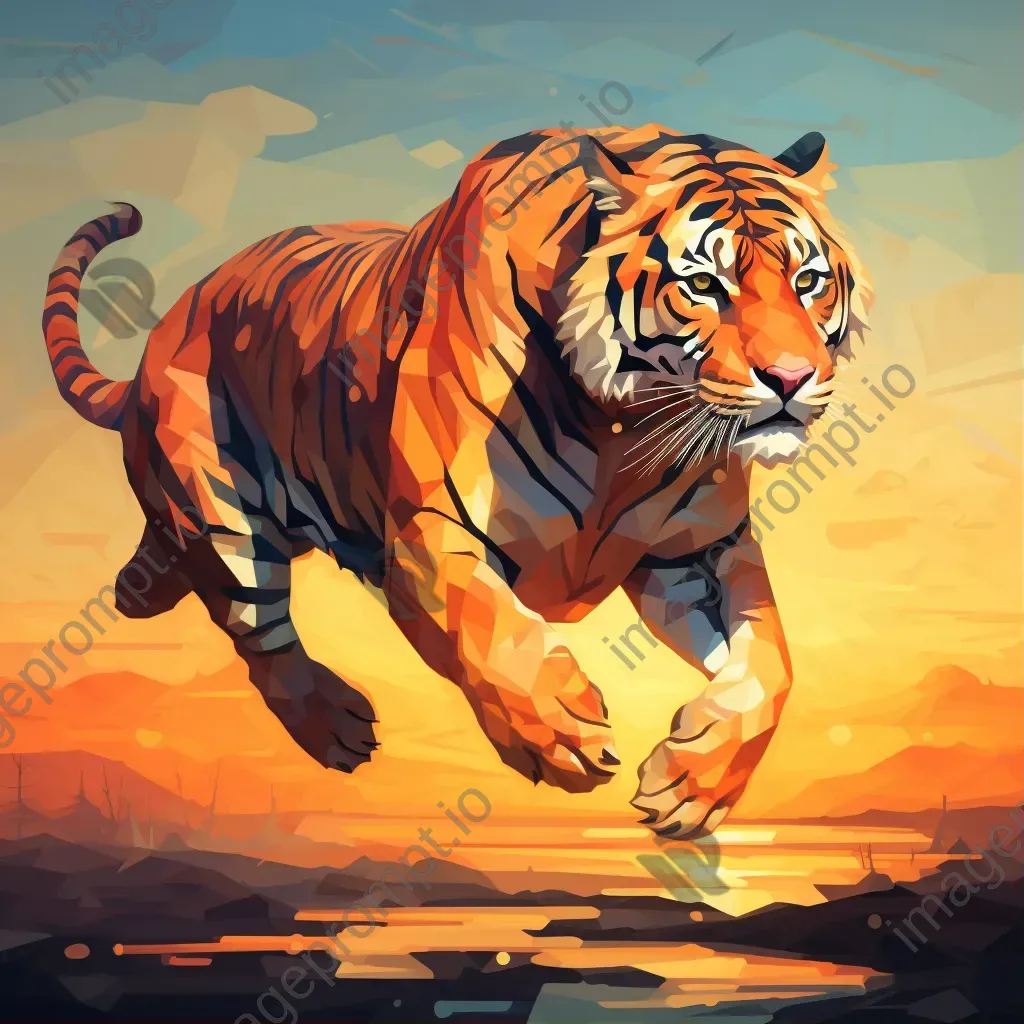 Geometric representation of a leaping tiger in sunset hues in low poly style - Image 1