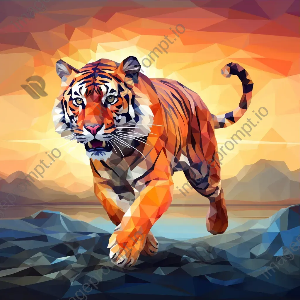 Geometric representation of a leaping tiger in sunset hues in low poly style - Image 3