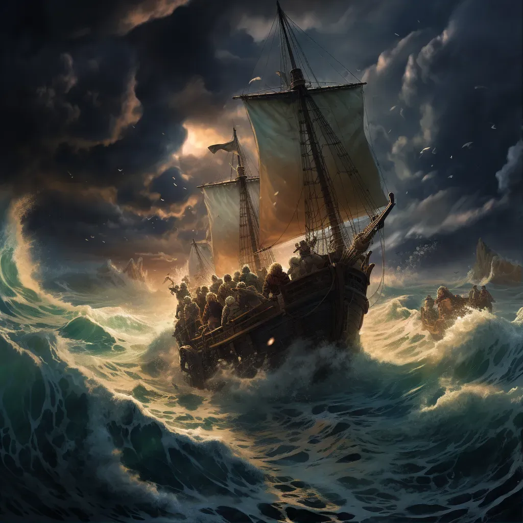 Group of adventurers navigating stormy sea voyage with treacherous waves - Image 1