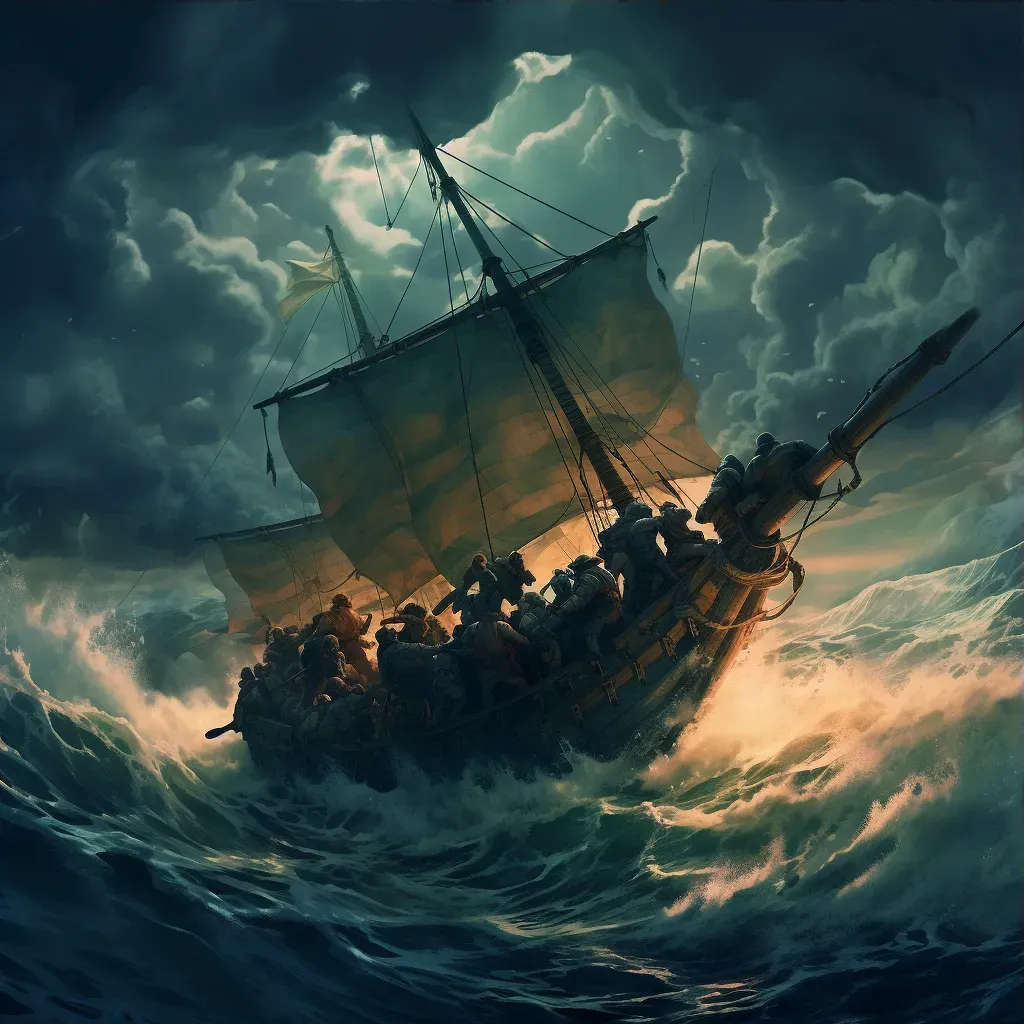 Group of adventurers navigating stormy sea voyage with treacherous waves - Image 3