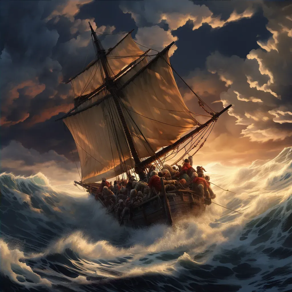 Group of adventurers navigating stormy sea voyage with treacherous waves - Image 4