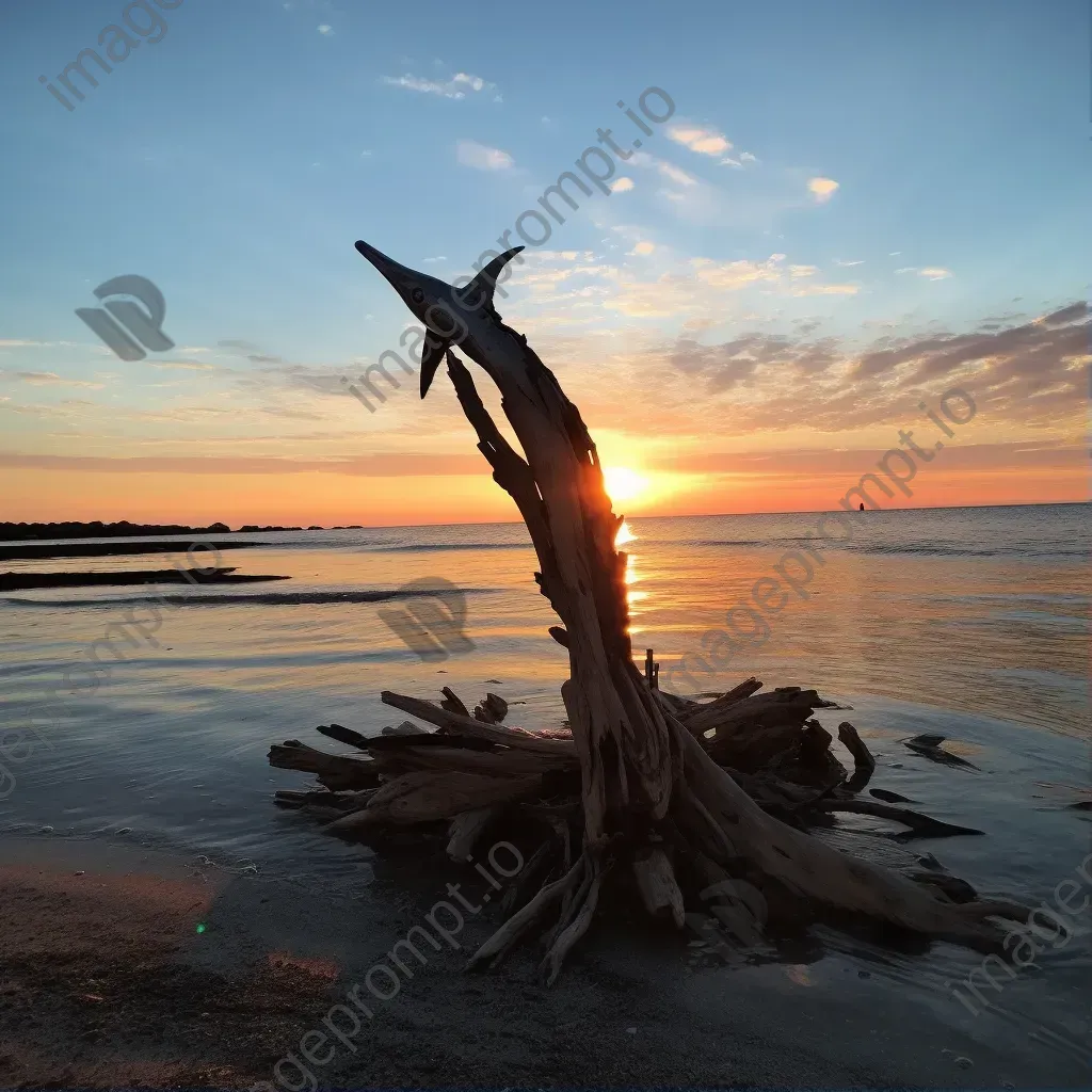 Leap of a dolphin sculpture made of driftwood against a sunset, reflecting Giacometti